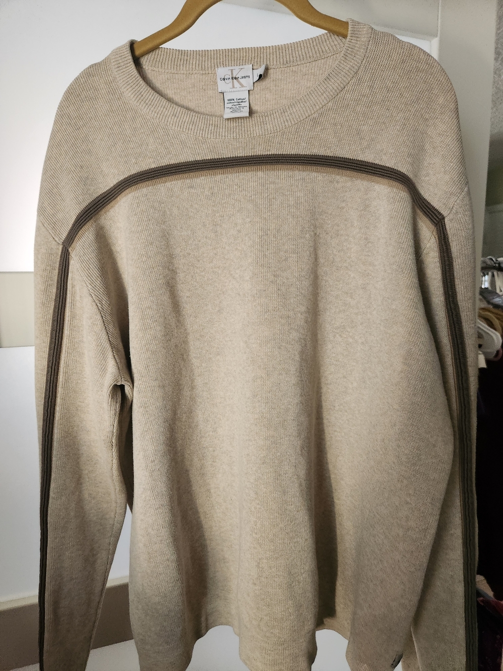 Calvin Klein Jeans Men's Cream Crewneck Sweater with Brown Accent